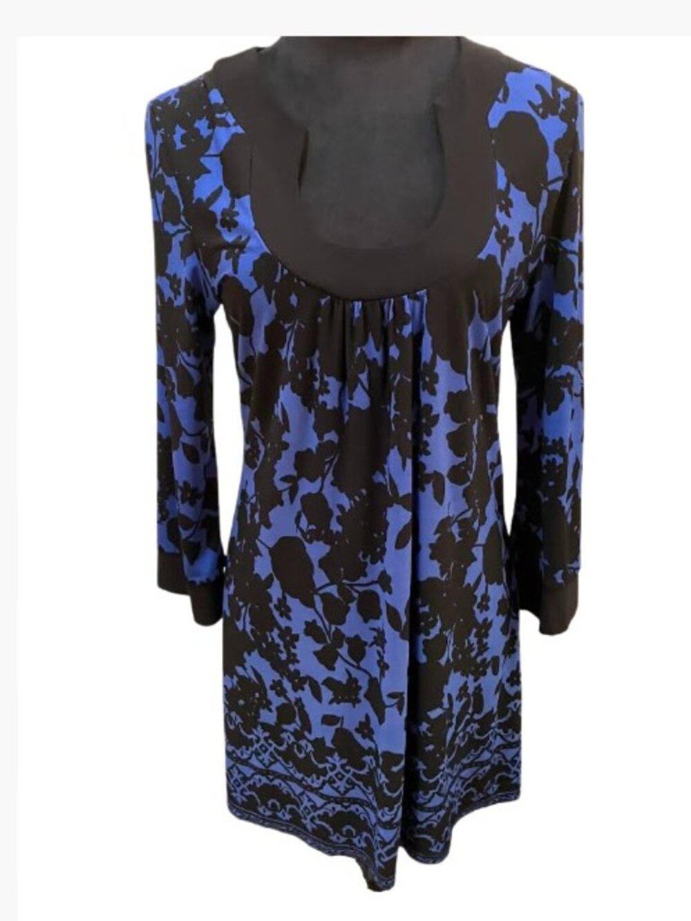 INC Blue and Black Floral Tunic Top or Mini Dress Wide Scoop Neck  Med  Like New